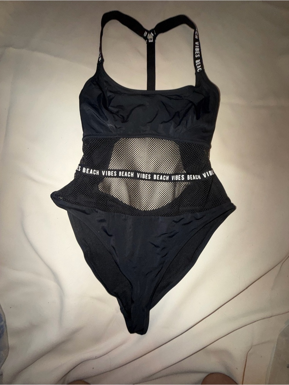 Black 'Beach Vibes' Mesh One-Piece Swimsuit